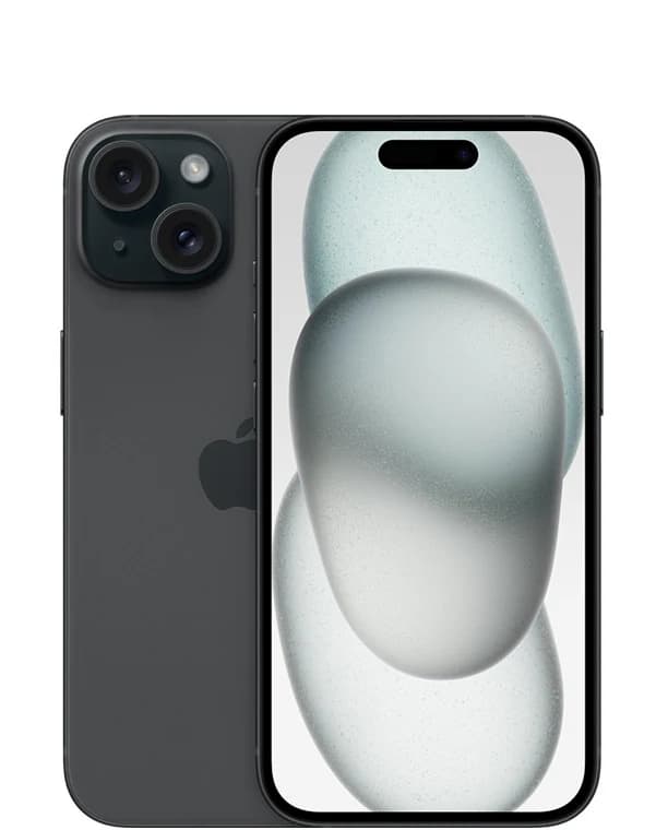 iPhone 15 in Schwarz, Vorder- und Rückseite